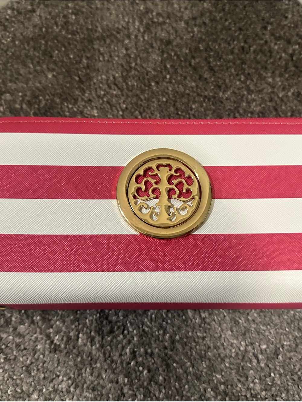 Striped Pink & White Women’s Wallet with Gold Emblem